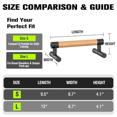 GanFindX Wooden Push Up Bars 9.5/13" 500LB Parallettes for Training | Natural Wood Grip, Black Anti-Slip Steel Base, Heavy Duty Parallettes for Push Ups, L-Sits, Gymnastics & Calisthenics Workout - size: 13"