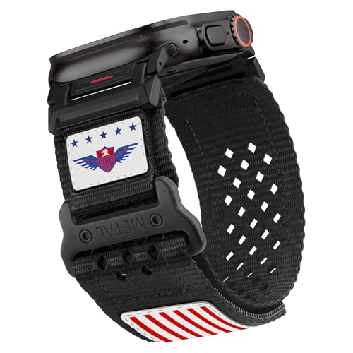 Rugged Nylon Band for Apple Watch Ultra 3/2/1 Series 11 10 9 8 7 6 5 4 SE/3/2/1 for Men,Breathable Stars-Stripes Flag Wristband Workout Athletic Strap for iWatch Ultra Bands 49mm 46mm 45mm 44mm 42mm - color: 06-Black-Red Blue Flag-Metal adapter, size: 49/