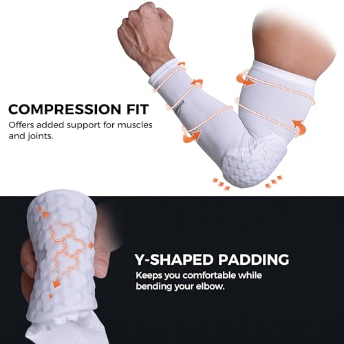 COOLOMG Padded Arm Sleeves Compression Elbow Pads for Volleyball Basketball Football Youth Kids Adult - color: New White, size: X-Small