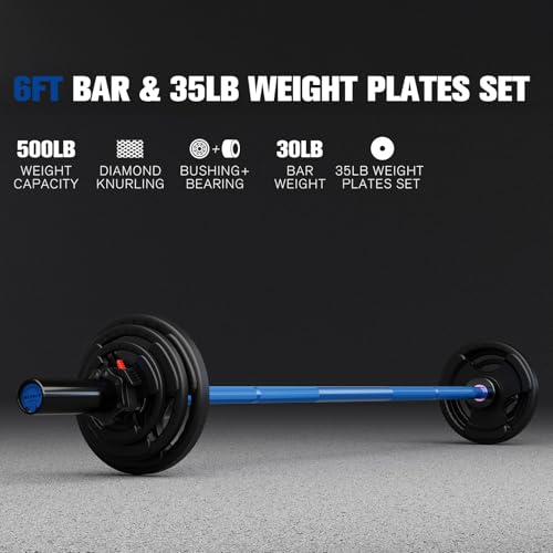 RitFit Barbell Weight Set - 4/6FT Olympic Barbell with Weight Plates (55-115LB Total) - Weightlifting Equipment for Squats, Curls, Deadlifts, Presses, Hip Thrusts - color: Black/Blue, size: 6FT With 35LB Plates