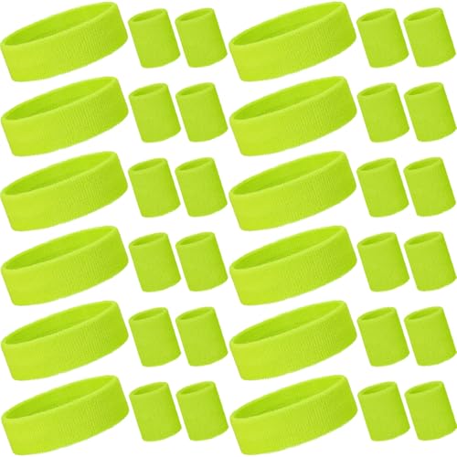 Bememo 36 Pcs Neon Sweatbands Set Soccer Party Favors Cotton Headbands Wristband Sweat Bands Soccer Mom Essentials for Football Fans Sporting Events 80 90s Glow Party - color: Neon Yellow, size: Small
