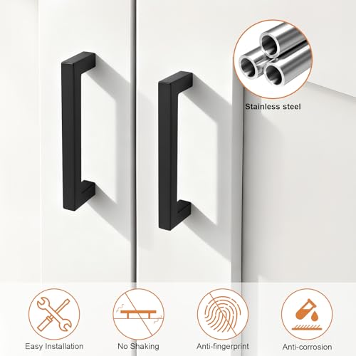 Probrico 5Pack Hole Centers 3.5inch Black Cabinet Handles, Stainless Steel Kitchen Cabinet Pulls,Square Corner Bar Dresser Drawer Pulls Total Length 4inch - color: Black, size: Hole Center: 90mm(3.5inch)