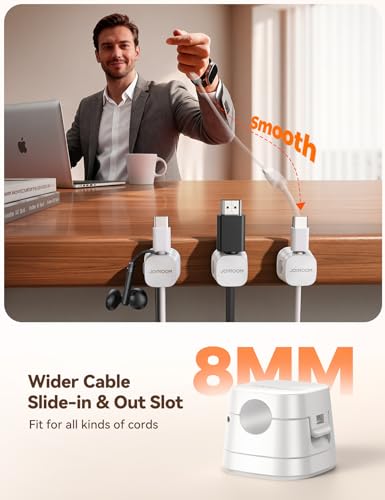 JOYROOM Detachable Magnetic Cord Organizer w/Secure Snap-Lock, 2-in-1 Adhesive& Magnetic Cable Clips, Auto-Fit Spring Management for φ1.5~8mm Cables, Under Desk Nightstand Home Office Car Wire Keeper - color: White