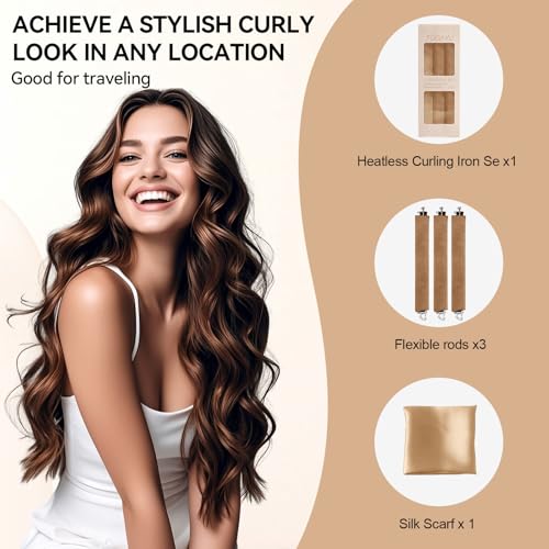 Heatless Curls Overnight Hair Care Set - Jumbo Velvet Hair Curlers | No Heat Hair Rollers for Women, Comfortable Sleep-In Hair Rollers with Satin Scarf, No Heat Damage Curling Rods for All Hair - color: Kahki-8PCS