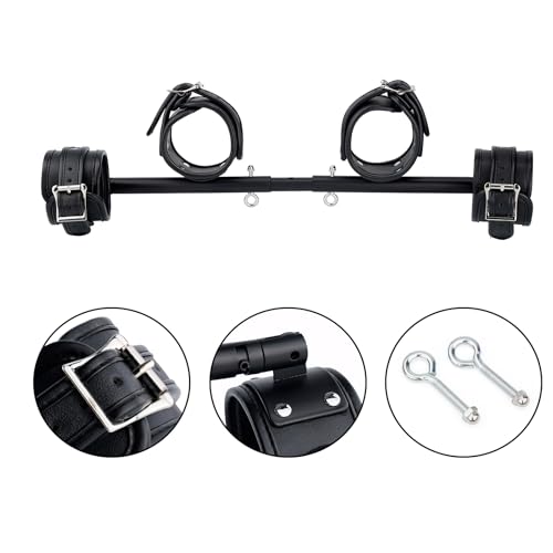 Heavy Duty Stainless Steel Expandable Spreader Bar with 4pcs PU Black--Pink Skull Pattern Detachable Adjustable Straps,Workout Bar for Home Indoor Gym Training Kit - style: Integration Black+Black PU Kit
