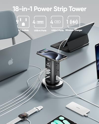 Kakyanill 115W USB Charging Station, Power Strip Tower with 9 AC 8 USB | 6Ft Flat Plug Retractable Extension Cord, for Home Office Dorm, Black - color: Black&Orange