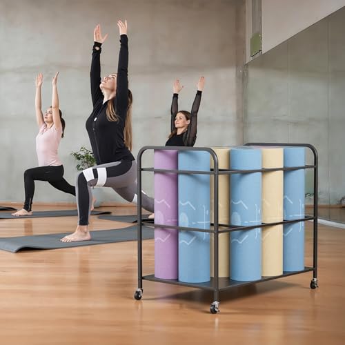 Yoga Mat Storage Rack Basket with Wheels, Home Gym Storages Rack with Wheels Workout Equipment Storage Cart, Exercise & Fitness Organizer Black