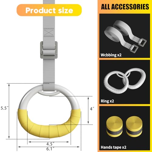 DONIUZ Gymnastic Rings, Both for Adults and Kids, Adjustable Strap Strength Home Exercise Gym Rings for Strength/Physical Training, Indoor Gym Anti -Slip Surface Design Rings
