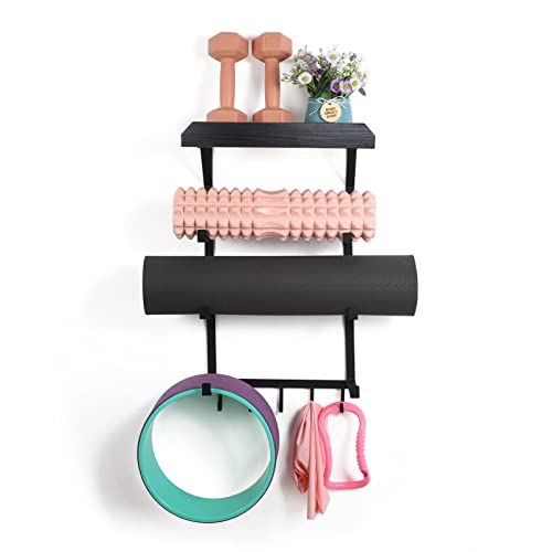 Yoga Mat Holder Wall Mount,17" x 28" Yoga Mat Rack Home Gym Accessories, Storage for Foam Roller, with Wood Floating Shelves for Hanging Yoga Strap and Resistance Bands - color: Vintage Black