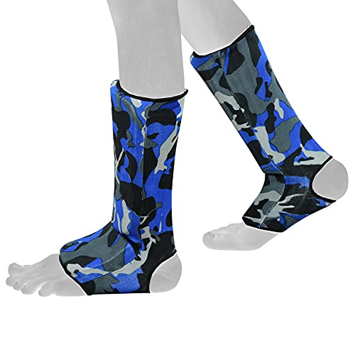 Be Smart Kids, Adults, Youth, Men and Women Muay Thai MMA Kickboxing Shin Guards, Instep Guard Training, Sparring Protective Gear Equipment Shin Kick Pads - color: Blue Camo, size: XXS ( 9 to 13 Years )