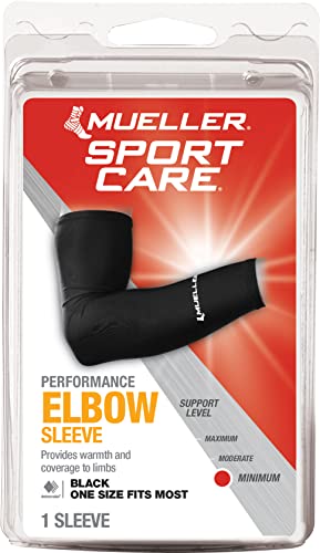 MUELLER Sports Medicine Performance Compression Elbow Sleeve for Men and Women, Arm Pain Relief Support, Ideal for Strains, Cuts, Scrapes, Fits Right or Left, Black, One Size - color: Black