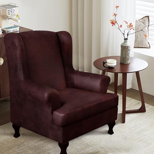 ANARACHON Leather Look Wingback Chair Covers, 2-Piece Wing Chair slipcover,Stretch Wing Back Armchair Slipcovers with Elastic Bottom, Soft Spandex Furniture Protector for Living Room (Red) - color: Red