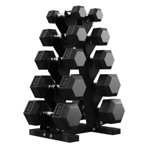 Hex Dumbbell Sets with Rack, 85-560lb Dumbbell Weight Set & Storage Rack | PAPABABE Dumbbell Set with Stand, Rubber Dumbbell Weight Set, Multiple Options Hand Weight for Strength Training - size: 170lb (5, 10, 15, 25, 30lb)x2& Rack