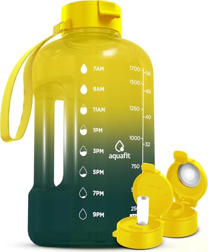 AQUAFIT Half Gallon Water Bottle with Time Marker | BPA Free Half Gallon Water Bottle with Straw and Chug Lids - Leakproof Gym Water Bottle with Carry Handle (Forest Fade) - color: Forest Fade, size: 64 Ounces