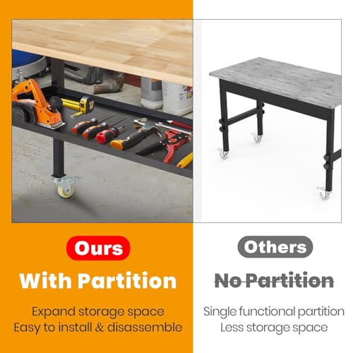 48"/60'' Adjustable Workbench, Rubber Wood Top Work Bench | Heavy-Duty work table with Power Outlet, Wheels, Partition 2000 LBS Load Capacity Hardwood work benches for garage, Workshop - size: with socket, partition and wheels, 60
