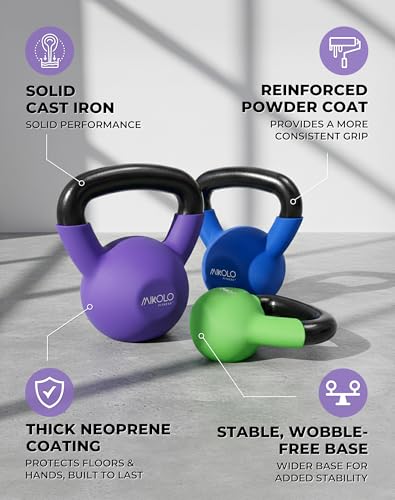 Mikolo Neoprene Coated Cast Iron Kettlebells 5-30LB Set, Solid Weight Set with Wide Grip Handle and Flat Bottom, Ideal for Full Body Strength Training at Home Gym - size: 10LB
