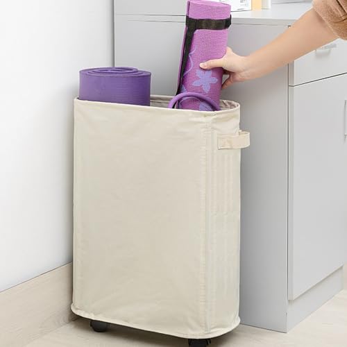 Yoga Mat Storage Basket with Wheels, Oxford Cloth Organizer | Side Mesh Pocket Design, Home Gym Equipment Storage, Workout Accessory Arrangement, Fitness Gear Organization