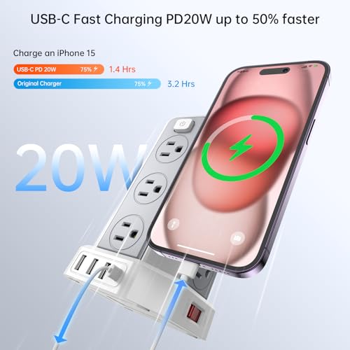 Power Strip 10 Ft Extension Cord with 12 AC Multiple Outlets 4 USB (1 USB C), SMALLRT Power Strip Tower Desktop Charging Station for Home Office College Dorm Essentials - color: White, size: 10 ft PD20W