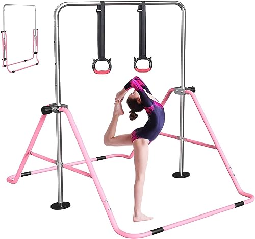 FBSPORT Gymnastics Bar for Kids Adjustable Height Gymnastic Horizontal Bar | Adjustable height, Supports up to 140 lbs, Junior Training Bar Children Folding Training Monkey Bars for Home Using - color: Pink