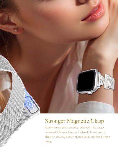 Metal Band Compatible with Apple Watch Bands for Women 38/40/41/42/44/45/46/49mm, Bow-Shaped Diamond Stainless Steel Magnetic Mesh Strap for iWatch Series 11 10 9 8 7 6 5 4 3 2 1 SE Ultra - color: Silver, size: 42mm/44mm/45mm/49mm/46mm(series 11)