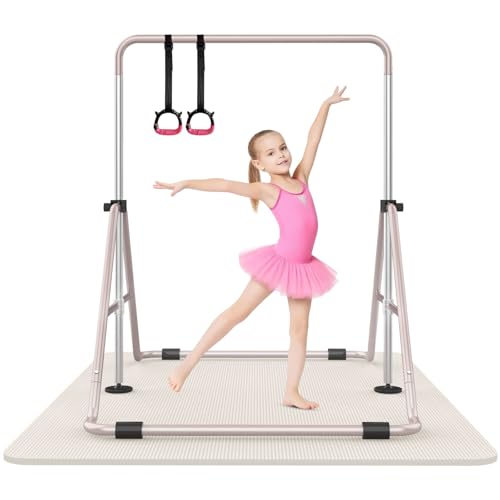 SHIWEI Gymnastics Bar for Kids, Gymnastic Kip Bar 5-Height Adjustable Home | Foldable, Indoor Outdoor Use, 140lb Capacity, for Ages 3-8, with Gymnastics Rings, Anti-Slip & Space-Saving Design - color: Beige with mat