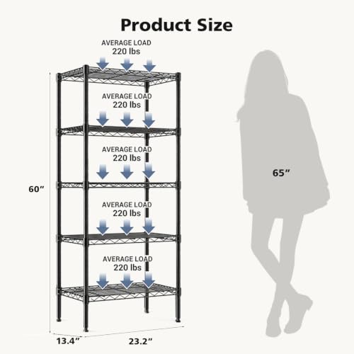 DUMOS 5-Tier Metal Wire Storage Shelves, Adjustable Standing Storage Rack Shelf, Heavy Duty Steel Shelving Unit Organizers for Kitchen Bathroom Pantry Garage, 23.2" Wx13.4 Dx60.1 H, Black - size: 5 Tier-60"H without wheels