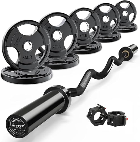 RitFit 2 Inch EZ Curl Bar with Weights, 350LBS Weight Capacity Olympic Curl Barbell for Bicep, Tricep and Weight Lifting Exercises - style: Black (with 155LB Weights and Collar)