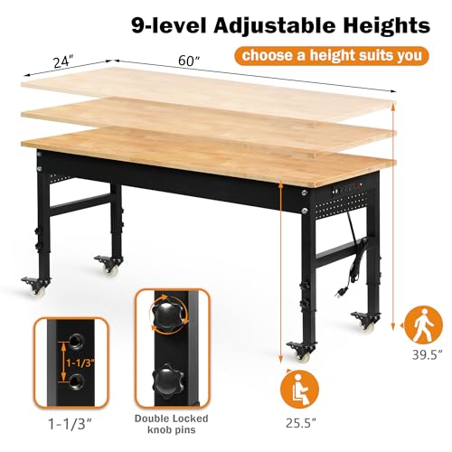 Betterhood 60" Adjustable Workbench on Wheels, Rubber Wood Heavy Duty Workstation with Power Outlets & Pegboard, 2000LBS Load Capacity Hardwood Worktable for Workshop, Garage, Office, Home, Commercial - size: Metal Wheels/Power Outlets/2Pegboard/60"x24"x3