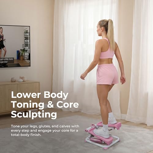 Sunny Health & Fitness Mini Steppers with Digital Monitor and Resistance Bands, Compact Low-Impact Cardio Machines for Home Workouts - color: Pink