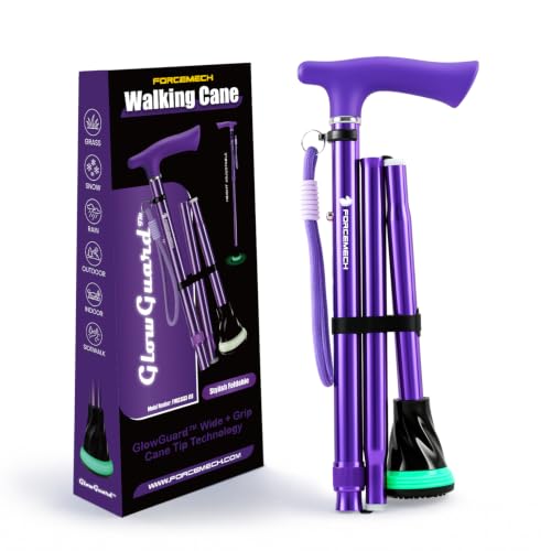 FORCEMECH GlowGuard Foldable Walking Cane for Men & Women, Adjustable Heavy Duty Cane with Glow Tip & Extra-Wide Tip - color: Gloss Violet