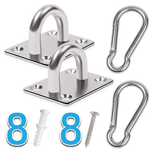 PAMAZY 2PCS M8 Premium Heavy Duty Square Stainless Steel Pad Eye Hooks + 2PCS Snap Hooks and 8PCS Screws with 8PCS Plastic Expansion Tube, Ceiling Hooks Heavy Duty for Outdoor Indoor Activity