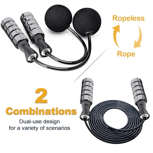 2 in 1 Jump Rope for Women Men and Kids - Tangle-Free Cordless Skipping Jump Rope with Ball Bearings and Foam Handles for Rapid Speed Fitness Workouts - color: Gray