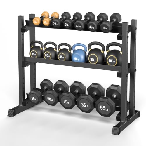 3-Tier Dumbbell Rack, 1100LBS Capacity Adjustable Weight Rack, Heavy-Duty Weight Stand for Dumbells & Kettlebells, Compact Weight Storage Organizer for Home Gym (Rack Only) - size: 18.7 x 48 x 36 inches