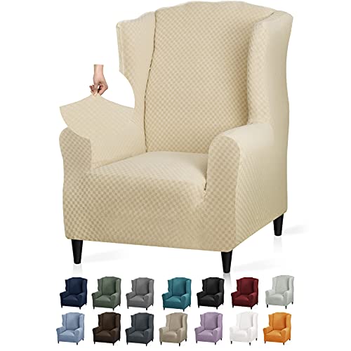 YEMYHOM 1 Piece Stretch Wingback Chair Slipcover Latest Jacquard Design Wing Chair Cover Non Slip Furniture Protector with Foam Rods for Living Room (Wing Chair, Beige) - color: Beige, size: 1 Pack - Wing Chair