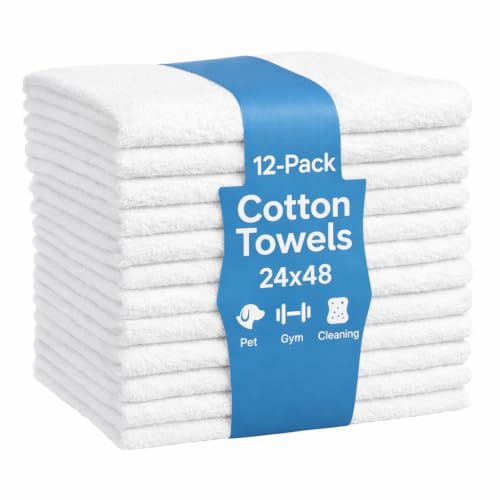 JMR White Bath Towels Bulk Pack of 12 (24x48) - 100% Cotton Lightweight & Quick-Dry Cotton Towels for Hotel, Rental Properties, Gym & Commercial Use - color: White-12 Pcs, size: 24X48