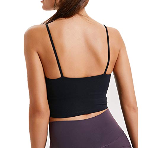 Lemedy Women Padded Sports Bra Yoga Tank Top | Light Support, Longline, Fitness Workout Running Shirts, Removable Pads, Spaghetti Straps, for Women - color: Black, size: Medium