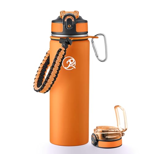 GOSWAG 24oz Insulated Stainless Steel Travel Water Bottle, 2 Lids | with straw and no straw, Paracord handle, Double-wall vacuum keeps drinks cold or hot, Leakproof tumbler - color: Matte Orange
