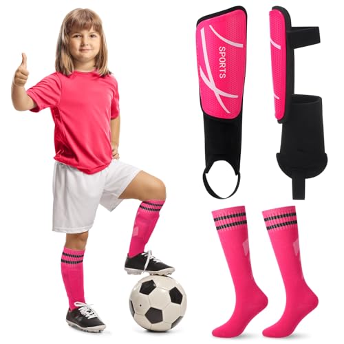 Soccer Shin Guards and Socks Kids Youth Lightweight Soccers Pads Defender with Ankle Protection Ski Shin Guards Football Equipment for Age 4-14 Toddler Boy Girl - color: Rose Red, size: Small