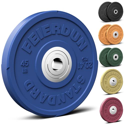 FEIERDUN Color Bumper Plate Set, 2-Inch Olympic Weight Plates, Low Bounce Rubber Barbell Plates with Stainless Steel Insert for Weightlifting, Strength Training, CrossFit & Home Gym, 10LB-370LB - style: E) 45LBS Single