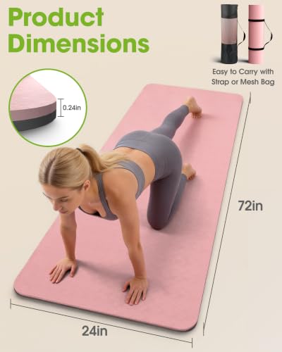 Pureegg Non Slip Yoga Mat, TPE, 72" x 24" x 0.24", Pilates | Workouts, Exercise, Core Training, Dual-Sided Texture, Stays Flat, Portable, With Strap & Carry Bag