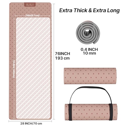 ILILI Yoga Mat 10mm Thick, Suede&TPE Exercise Mat, 76"L*28"W Extra Long, 0.4 Inches Soft and Comfortable, 193*70cm Fitness Mat with Strap, Portable for Yoga, Pilates, Floor Exercise, Home and Outdoor Use, Eco Friendly - color: Pinky Beige