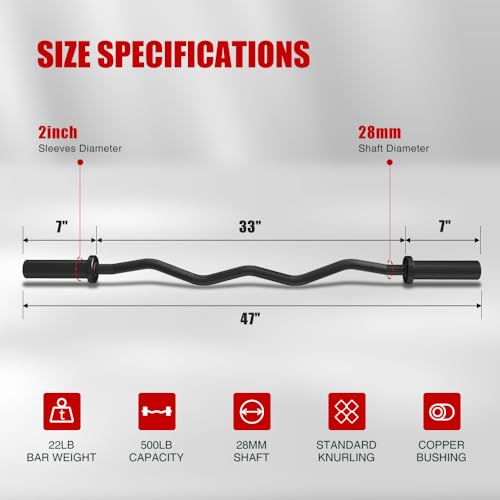 SPART Olympic Barbell EZ Curl Bar, 47INCH/4FT Strength Training Curling Bar with Knurled Grip Chrome Barbell Bar for Weightlifting, Copper Sleeve Barbell for 2-inch Weight Plates, 500 LBS Capacity - color: Black