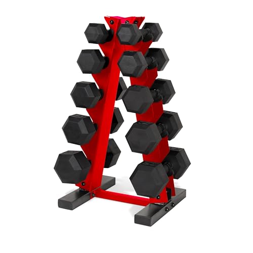 CAP Barbell 150 LB Coated Hex Dumbbell Weight Set with Vertical Rack | Multiple Options - color: Red Rack, style: Black Handle
