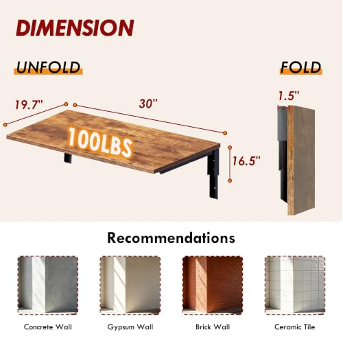 Need Wall Mounted Folding Table, 30x20 Inch Fold Down Wall Mount Desk Heavy Duty Small Folding Wall Table for Laundry, Home Office, Small Apartments, Rustic Brown & Black Frame - color: Rustic Brown Desktop & Black Shelf Brackets, size: L30" * W20"