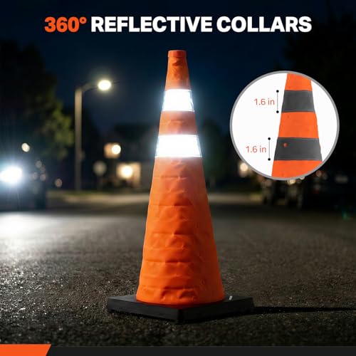BATTIFE 28 inch Collapsible Traffic Safety Cones Orange Plastic Base 4 Pack | Collapsible folds flat, reflective strips, sturdy PVC, lightweight,ideal for parking, driving, construction, emergencies - size: 28inch