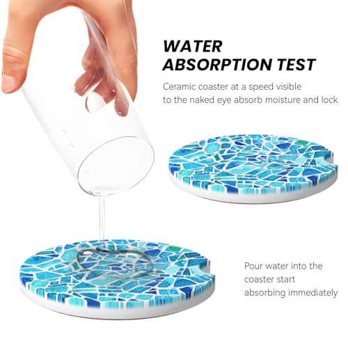 Blue Mosaic Car Coasters for Cup Holders, 2 Pack Absorbent Ceramic Drink Cup Coaster for Women Men, Auto Interior Accessories - color: T26