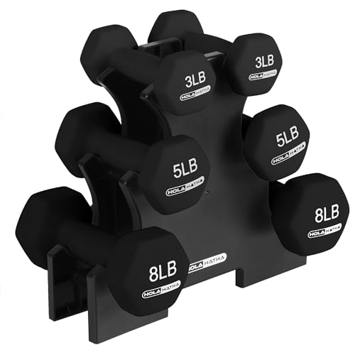 HolaHatha 1, 2 and 3 lb Neoprene Dumbbell Strength Training Weight Set with Rack - color: Black, size: 32 LB