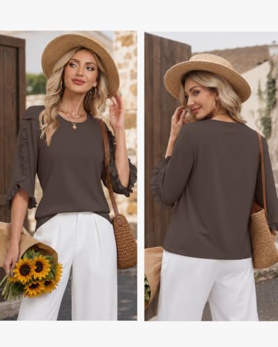 3/4 Length Sleeve Womens Tops Crewneck Ruffle Sleeve Shirts Dressy Casual Blouse Summer Fall Fashion Business Outfit - color: Coffee Brown, size: Small