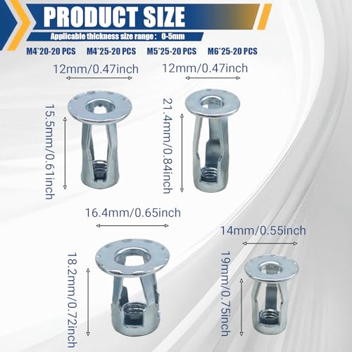 80 Pack Hollow Door Anchor Set, M4 M5 M6 | Metal Cavity Fixing, Aluminium Cladding, Extra Short Wall Anchors for Steel Pipe Iron Sheet Plastic Sheet - size: 80 Pack(M4 M5 M6)