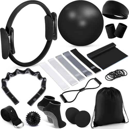 Poen 18 Pcs Home Pilates Kit for Women Pilates Ball and Ring Circle Set Yoga Fitness Essential with 5 Resistance Band Stretching Strap Non Slip Sock Ball Core Slider Wristband Headband Gym Bag - color: Black